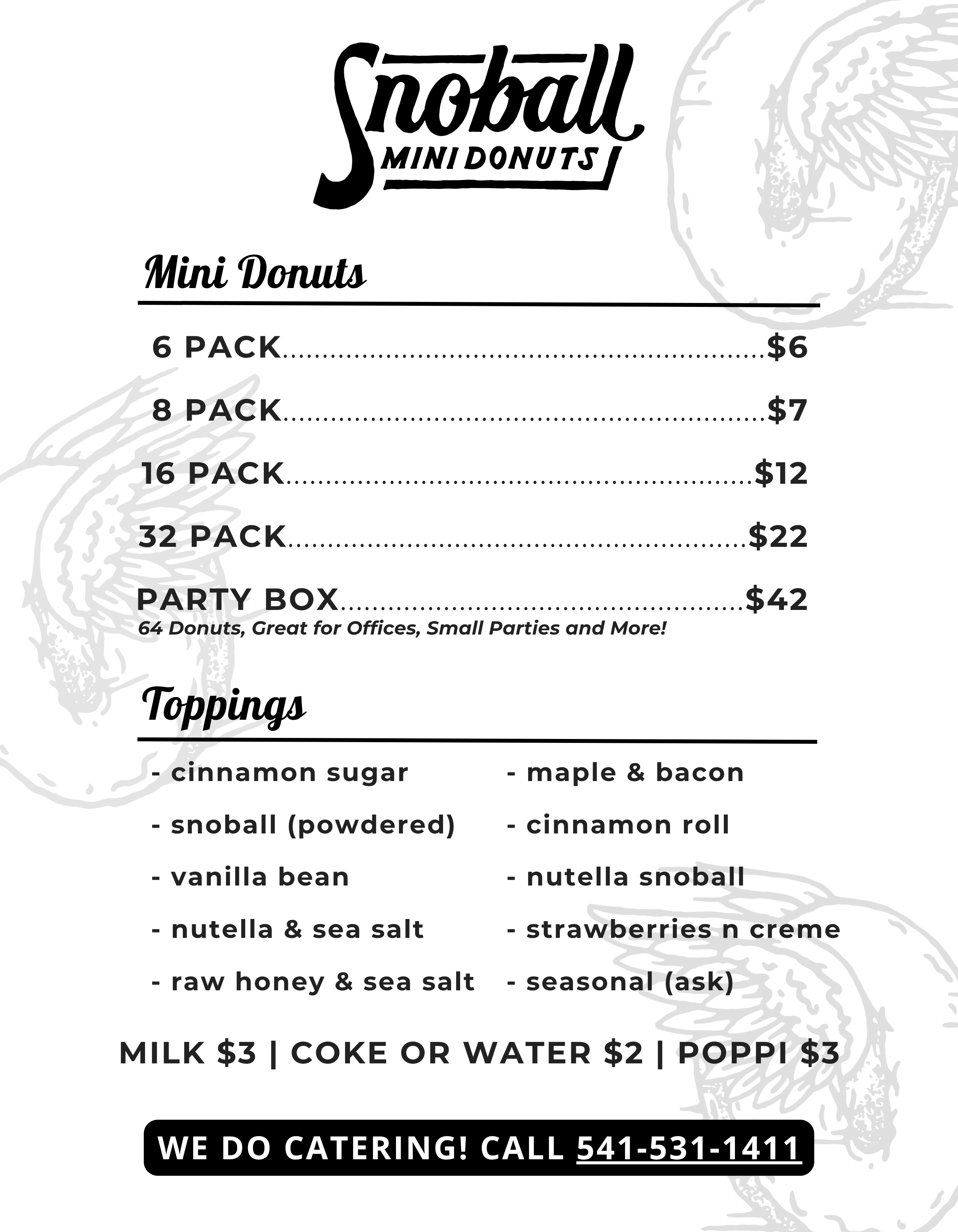 SnoBall drive-thru menu with pack sizes, party box pricing, toppings, milk, water, and catering phone number